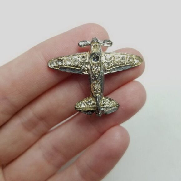Vintage Rhinestone Airplane Brooch, Silver Tone C Clasp Pin, Estate - Picture 2 of 6